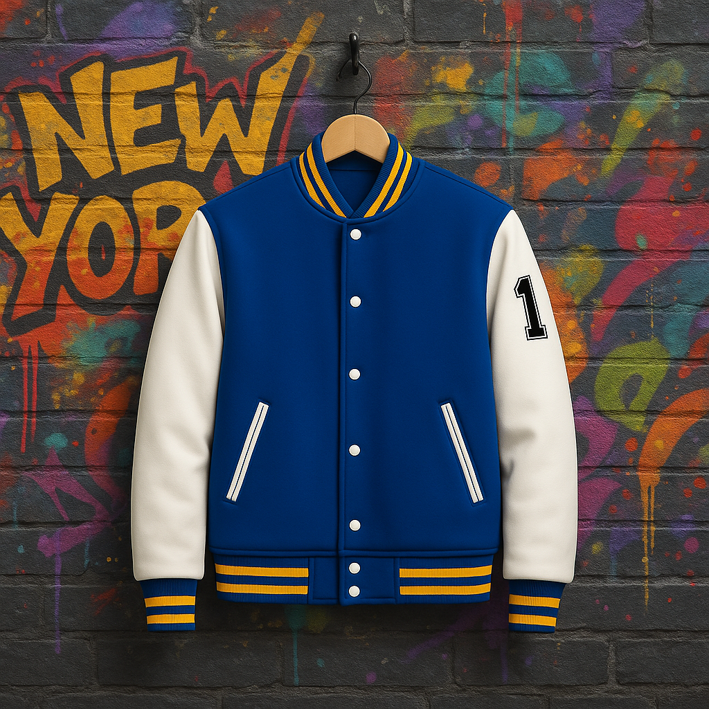 Leather Baseball Jacket, Royal/White