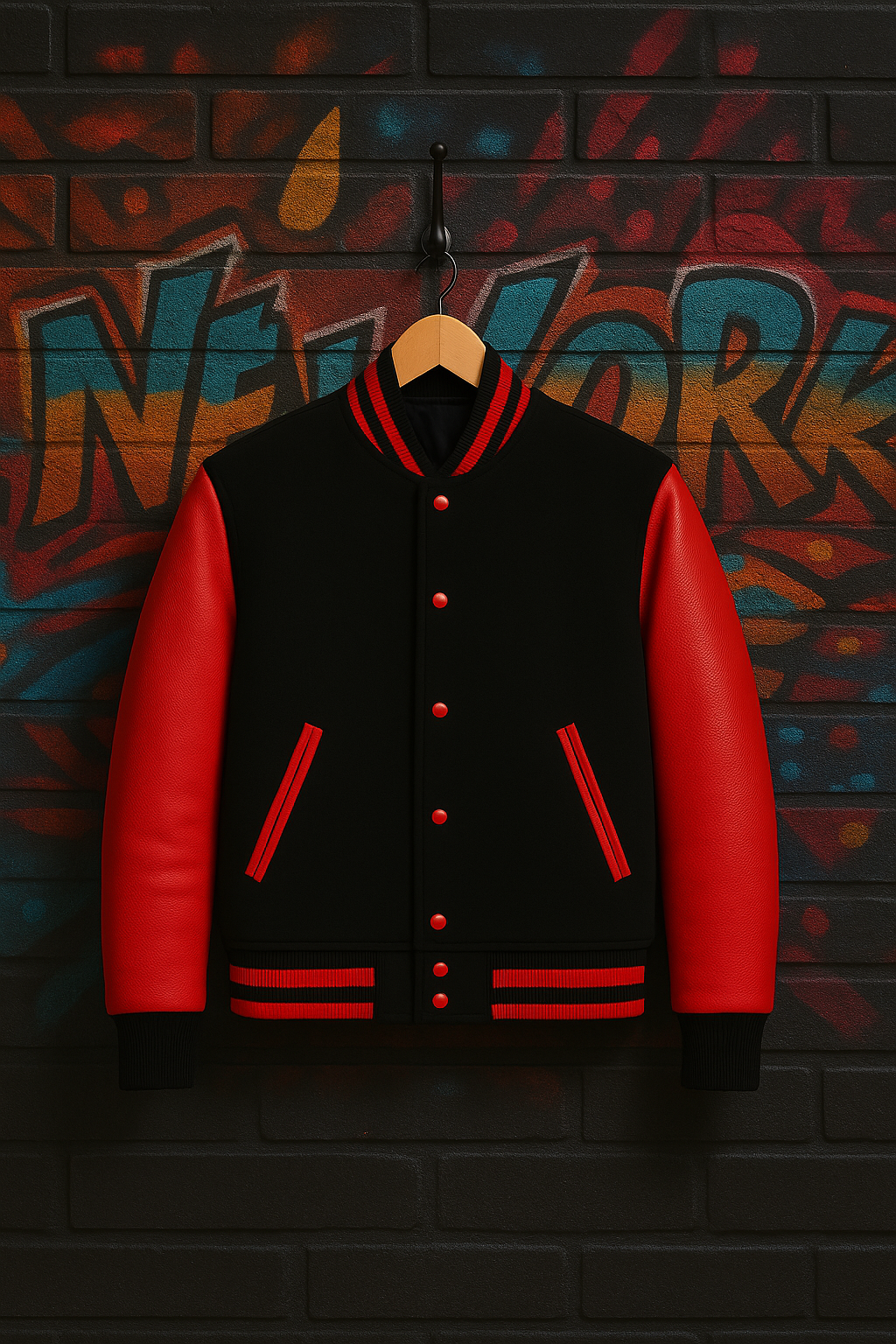 Leather Baseball Jacket, Red/Black