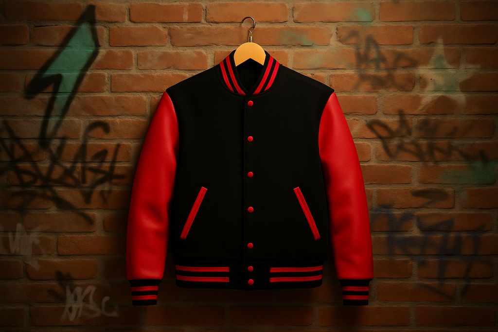 Leather Baseball Jacket, Red/Black