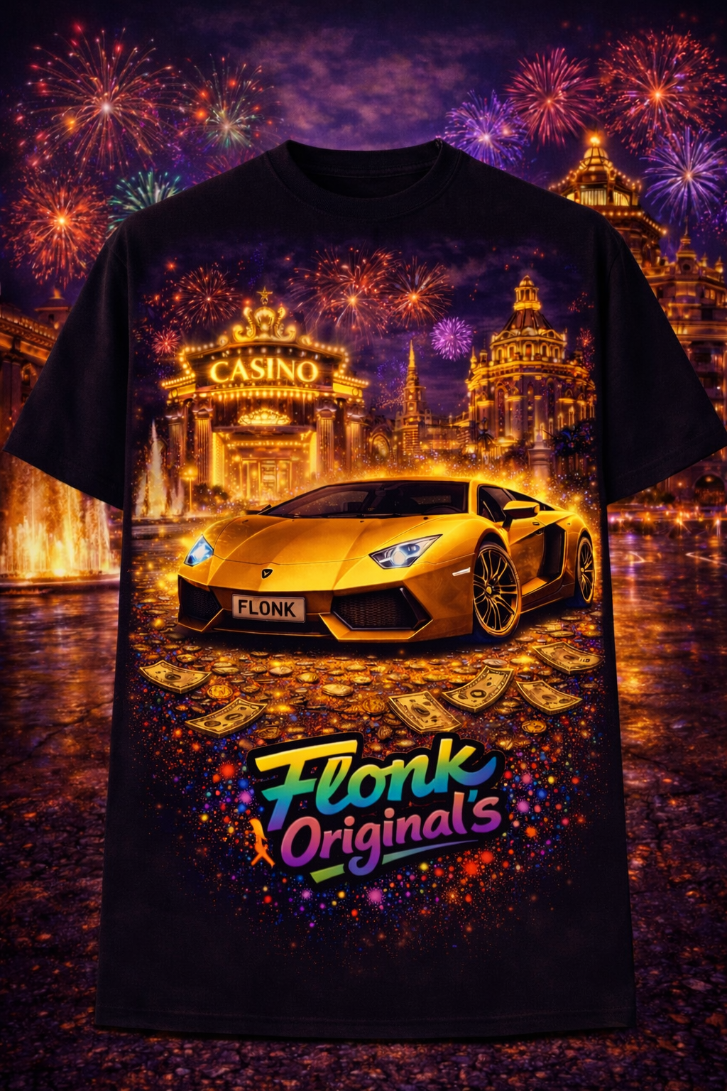 Flonk Originals – Gold Casino Supercar T-Shirt