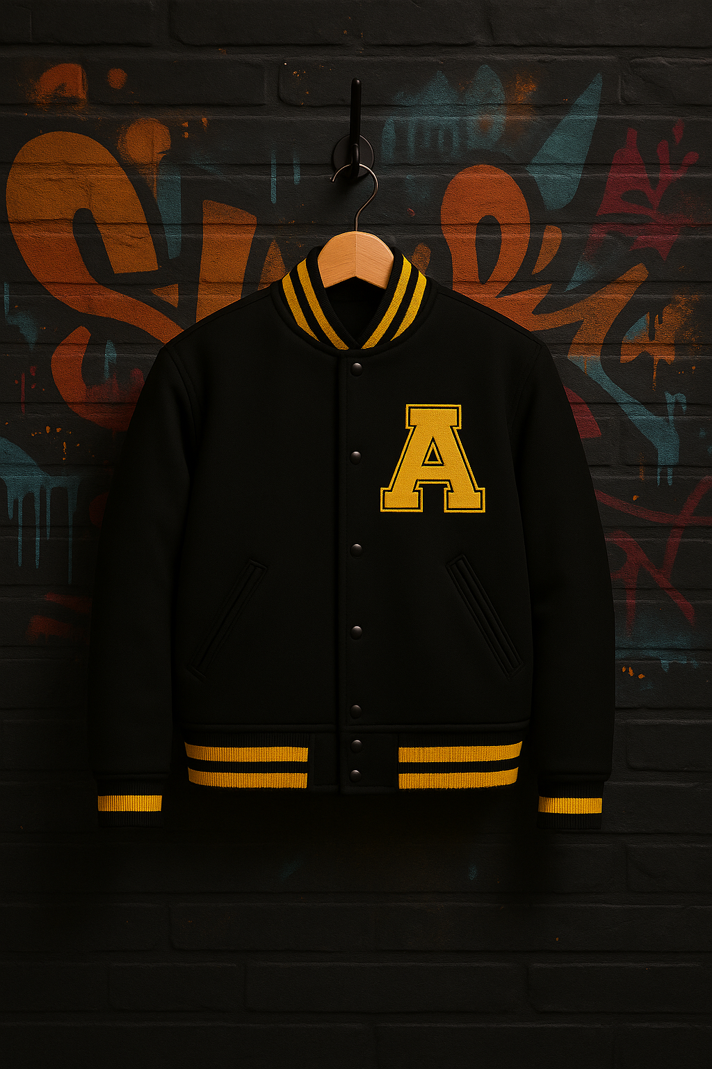 Baseball jacket Gnaget, leather, black & yellow.